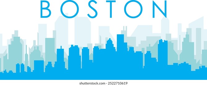 Blue panoramic city skyline poster with bluish misty transparent background buildings of BOSTON, UNITED STATES