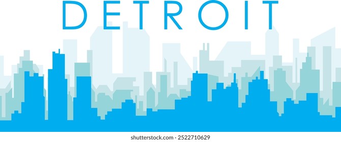 Blue panoramic city skyline poster with bluish misty transparent background buildings of DETROIT, UNITED STATES