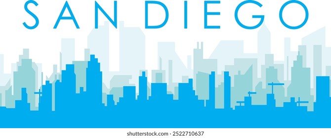 Blue panoramic city skyline poster with bluish misty transparent background buildings of SAN DIEGO, UNITED STATES