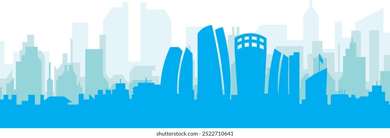 Cartaz panorâmico azul da cidade com fundo azul nebuloso transparente edifícios de ABU DHABI, EMIRADOS ÁRABES UNIDOS