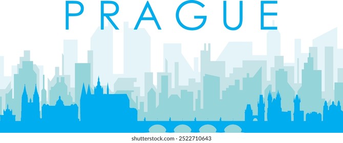 Cartel panorámico azul del horizonte de la ciudad con edificios azulados del fondo transparente brumoso de PRAGA, REPÚBLICA CHECA