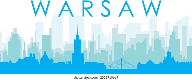 Blue panoramic city skyline poster with bluish misty transparent background buildings of WARSAW, POLAND