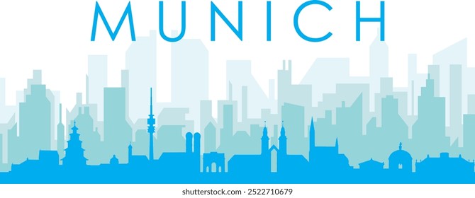 Blue panoramic city skyline poster with bluish misty transparent background buildings of MUNICH, GERMANY