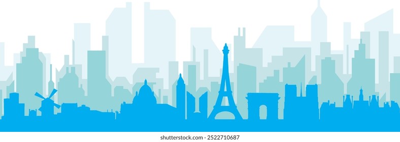 Cartaz panorâmico azul da cidade com fundo azul nebuloso transparente edifícios de PARIS, FRANÇA