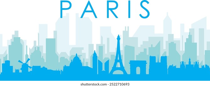 Cartaz panorâmico azul da cidade com fundo azul nebuloso transparente edifícios de PARIS, FRANÇA