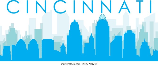 Blue panoramic city skyline poster with bluish misty transparent background buildings of CINCINNATI, UNITED STATES