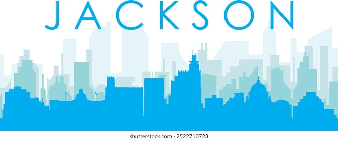 Blue panoramic city skyline poster with bluish misty transparent background buildings of JACKSON, UNITED STATES