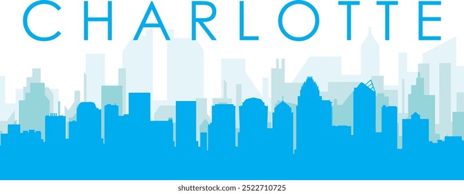 Blue panoramic city skyline poster with bluish misty transparent background buildings of CHARLOTTE, UNITED STATES