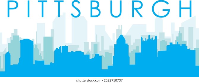 Blue panoramic city skyline poster with bluish misty transparent background buildings of PITTSBURGH, UNITED STATES