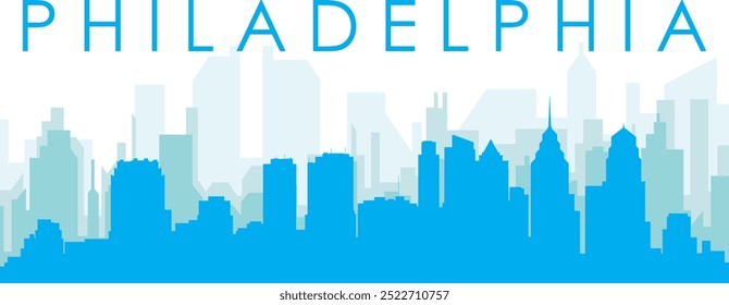 Blue panoramic city skyline poster with bluish misty transparent background buildings of PHILADELPHIA, UNITED STATES