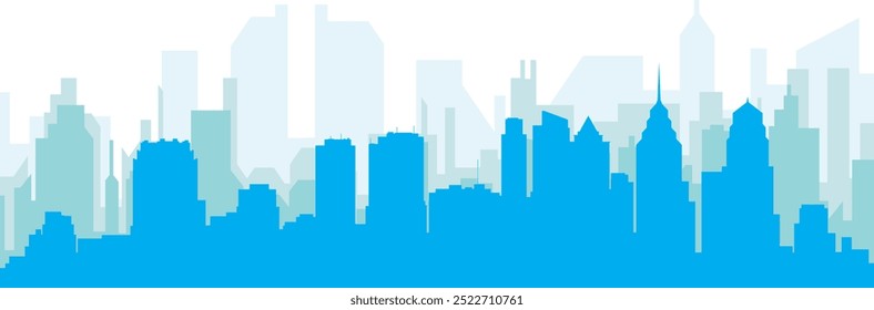 Blue panoramic city skyline poster with bluish misty transparent background buildings of PHILADELPHIA, UNITED STATES