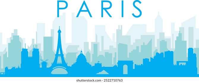 Cartaz panorâmico azul da cidade com fundo azul nebuloso transparente edifícios de PARIS, FRANÇA