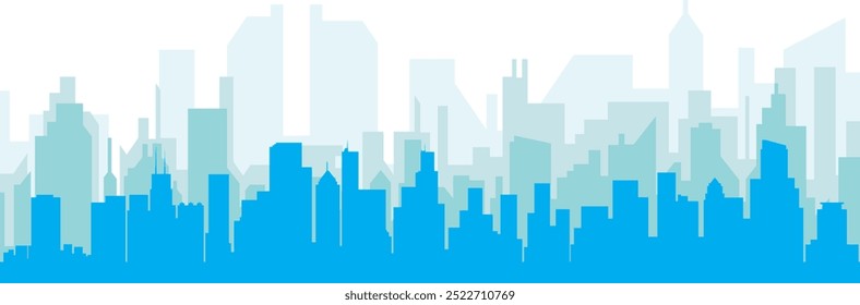 Blue panoramic city skyline poster with bluish misty transparent background buildings of CHICAGO, UNITED STATES