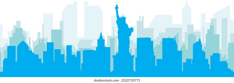 Blue panoramic city skyline poster with bluish misty transparent background buildings of NEW YORK, UNITED STATES