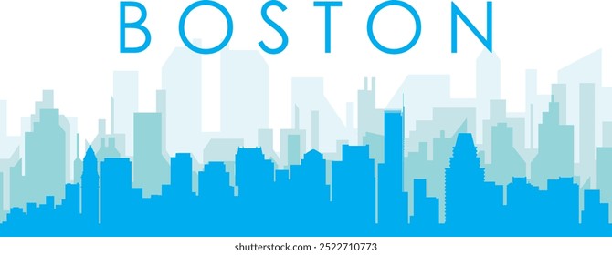 Blue panoramic city skyline poster with bluish misty transparent background buildings of BOSTON, UNITED STATES