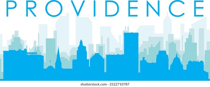 Blue panoramic city skyline poster with bluish misty transparent background buildings of PROVIDENCE, UNITED STATES