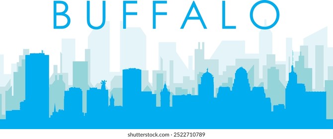 Blue panoramic city skyline poster with bluish misty transparent background buildings of BUFFALO, UNITED STATES