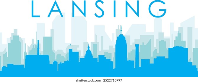 Blue panoramic city skyline poster with bluish misty transparent background buildings of LANSING, UNITED STATES