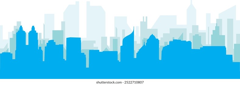 Cartaz panorâmico azul da cidade com fundo azul nebuloso edifícios transparentes de JACARTA, INDONÉSIA