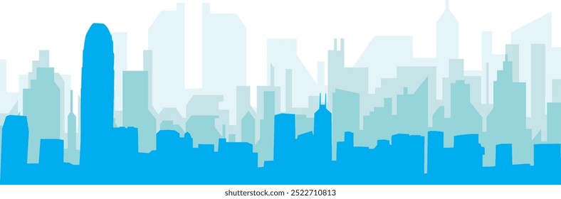 Blue panoramic city skyline poster with bluish misty transparent background buildings of HONG KONG