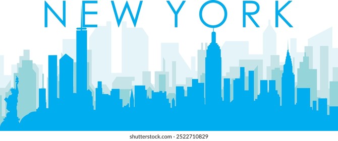 Blue panoramic city skyline poster with bluish misty transparent background buildings of NEW YORK, UNITED STATES