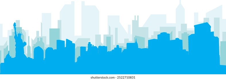 Blue panoramic city skyline poster with bluish misty transparent background buildings of NEW YORK, UNITED STATES