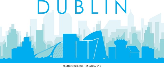 Cartaz panorâmico azul da cidade com fundo azul nebuloso transparente edifícios de DUBLIN, IRLANDA