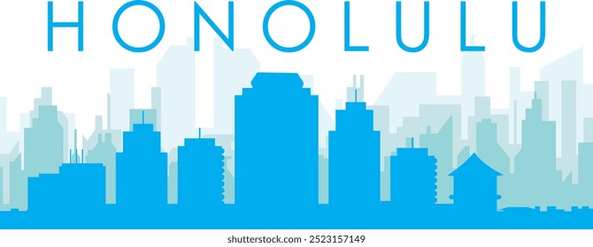 Blue panoramic city skyline poster with bluish misty transparent background buildings of HONOLULU, UNITED STATES