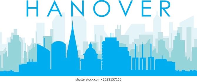 Blue panoramic city skyline poster with bluish misty transparent background buildings of HANOVER, GERMANY