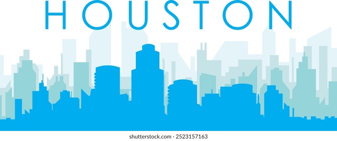 Blue panoramic city skyline poster with bluish misty transparent background buildings of HOUSTON, UNITED STATES