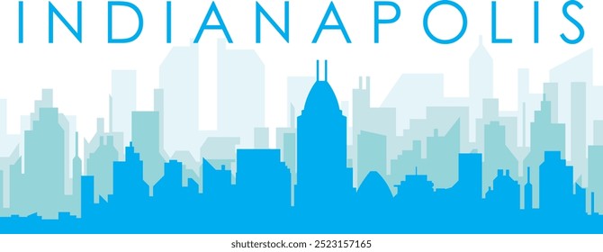 Blue panoramic city skyline poster with bluish misty transparent background buildings of INDIANAPOLIS, UNITED STATES