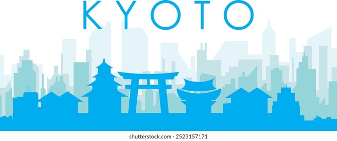 Blue panoramic city skyline poster with bluish misty transparent background buildings of KYOTO, JAPAN