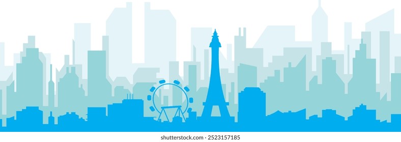 Blue panoramic city skyline poster with bluish misty transparent background buildings of LAS VEGAS, UNITED STATES