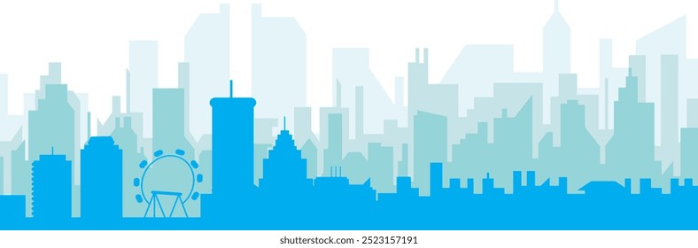 Blue panoramic city skyline poster with bluish misty transparent background buildings of ATLANTA, UNITED STATES