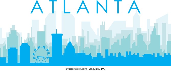 Blue panoramic city skyline poster with bluish misty transparent background buildings of ATLANTA, UNITED STATES