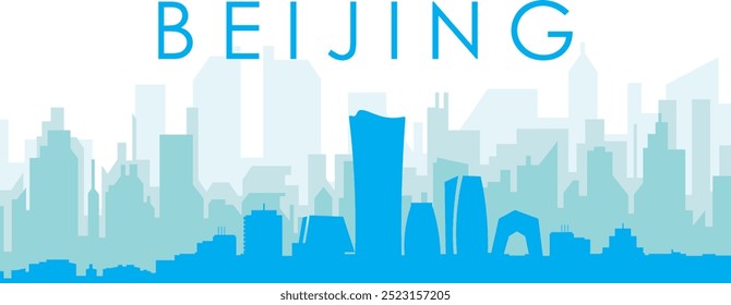 Cartel panorámico azul del horizonte de la ciudad con los edificios azulados del fondo transparente brumoso de BEIJING, CHINA