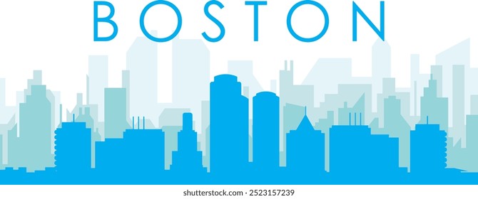 Blue panoramic city skyline poster with bluish misty transparent background buildings of BOSTON, UNITED STATES