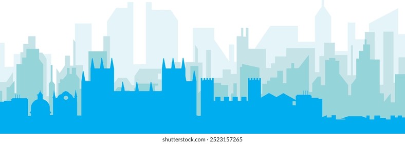 Cartel panorámico azul del horizonte de la ciudad con edificios azulados del fondo transparente brumoso de CANTERBURY, REINO UNIDO