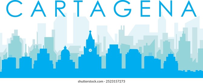 Blue panoramic city skyline poster with bluish misty transparent background buildings of CARTAGENA, COLOMBIA