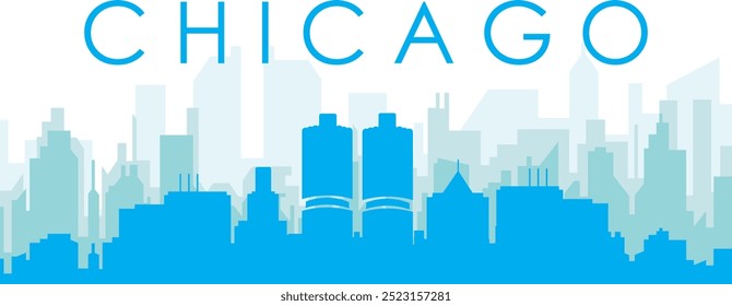 Cartaz panorâmico azul da cidade com fundo azul nebuloso transparente prédios de CHICAGO, ESTADOS UNIDOS