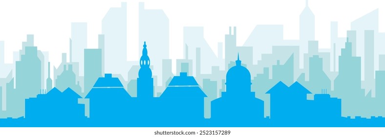 Cartel panorámico azul del horizonte de la ciudad con edificios azulados del fondo transparente brumoso de COPENHAGUE, DINAMARCA