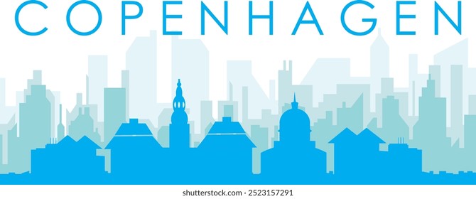 Cartel panorámico azul del horizonte de la ciudad con edificios azulados del fondo transparente brumoso de COPENHAGUE, DINAMARCA