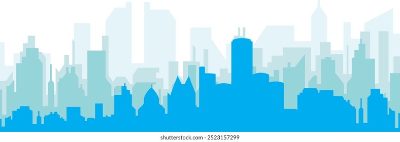 Blue panoramic city skyline poster with bluish misty transparent background buildings of DETROIT, UNITED STATES