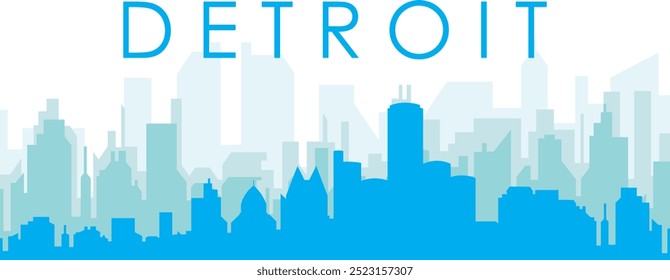 Blue panoramic city skyline poster with bluish misty transparent background buildings of DETROIT, UNITED STATES