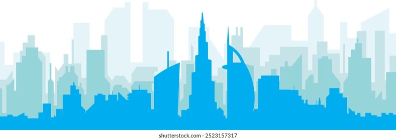 Cartel panorámico azul del horizonte de la ciudad con edificios azulados del fondo transparente brumoso de DUBAI, EMIRATOS ÁRABES UNIDOS