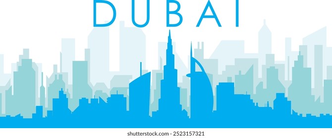 Cartaz panorâmico azul da cidade com fundo azul nebuloso transparente edifícios de DUBAI, EMIRADOS ÁRABES UNIDOS