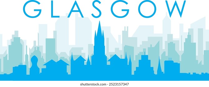 Cartel panorámico azul del horizonte de la ciudad con edificios azulados del fondo transparente brumoso de GLASGOW, REINO UNIDO