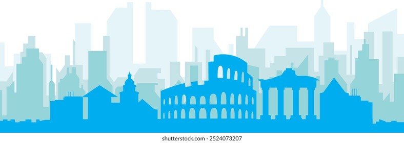 Blue panoramic city skyline poster with bluish misty transparent background buildings of ROME, ITALY