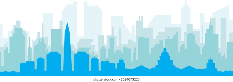 Blue panoramic city skyline poster with bluish misty transparent background buildings of WASHINGTON DC, UNITED STATES