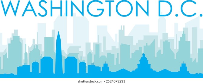 Blue panoramic city skyline poster with bluish misty transparent background buildings of WASHINGTON DC, UNITED STATES